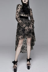 Apricot See Through Printed Long Sleeves Velvet Belted Womens Gothic Dress With Tie